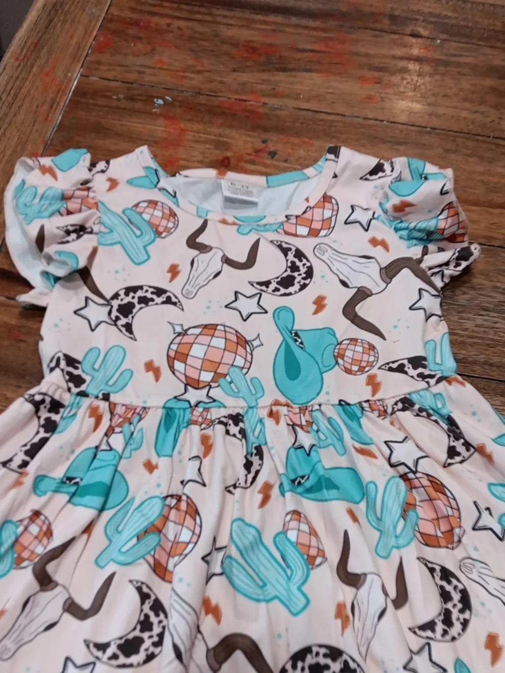 Kids Teal & Cream Western Print Dress